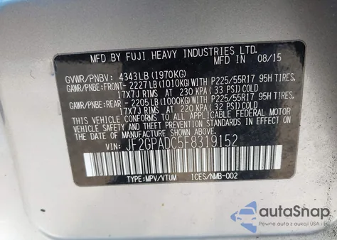 2015 Subaru Xv Crosstrek 2.0I Premium z USA, uszkodzony, nr VIN JF2GPADC5F8319152